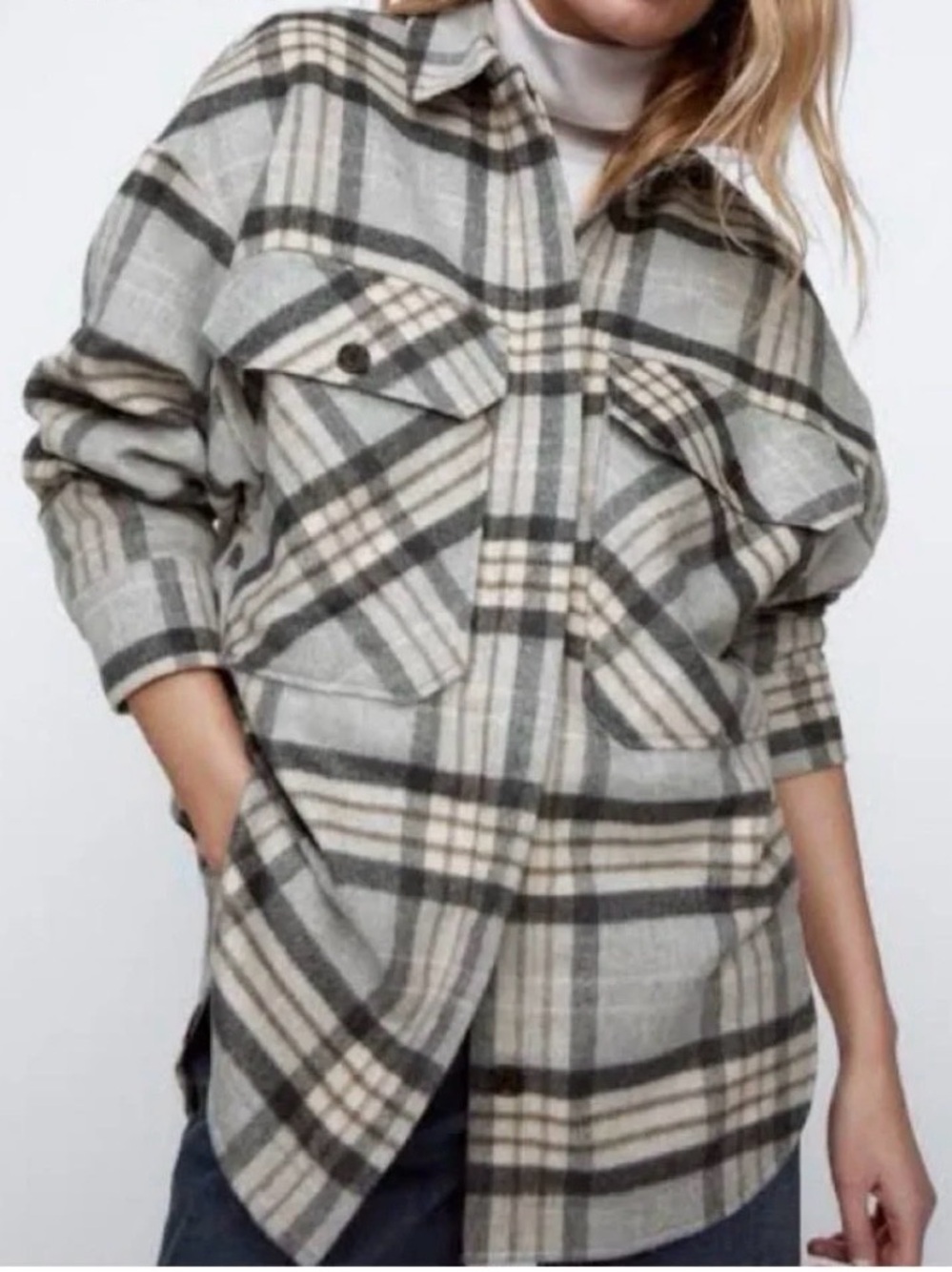 Zara Women’s‎ Oversized Plaid Shacket Small Gray Beige Wool Blend NWOT